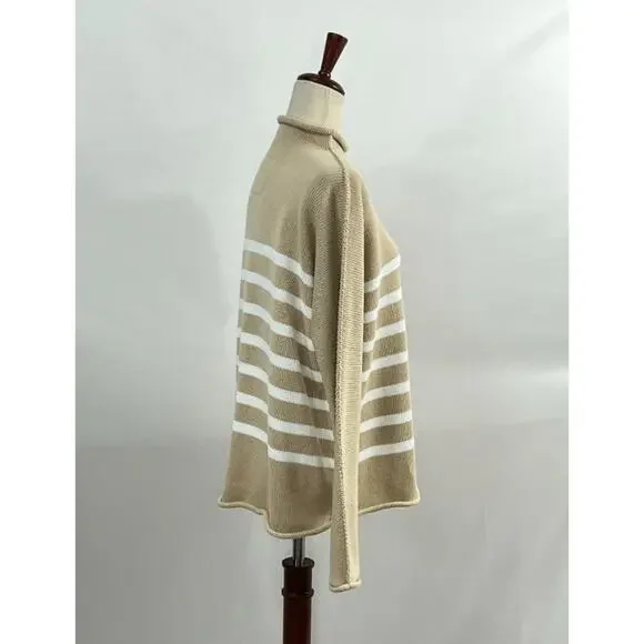 FRANK & EILEEN Sz S Small Tan White Stripe Monterey Roll Neck Sweater
